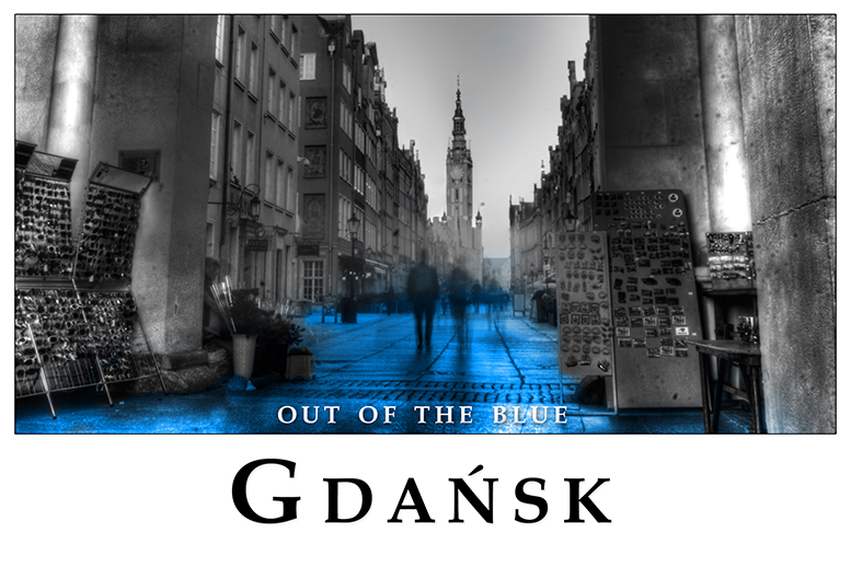 Gdansk pocztwki artystyczne, miks kolorw czarno-biay i niebieski