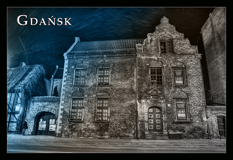 Gdansk pocztwki artystyczne, miks kolorw czarno-biay i niebieski